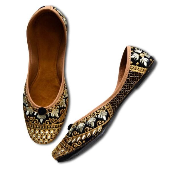 Women Black Gold-Toned Embroidered Mojaris