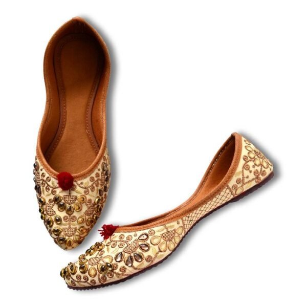 Women Cream-Coloured Gold-Toned Embellished Mojaris