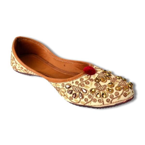 Women Cream-Coloured Gold-Toned Embellished Mojaris - Image 2