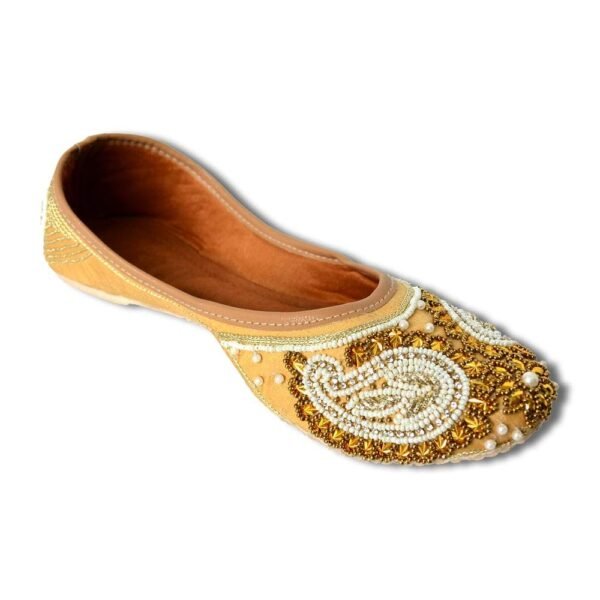 Women Gold Off-White Beaded Embellished Mojaris