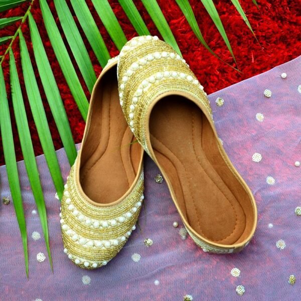 Women Gold White-Toned Embellished Mojaris - Image 4