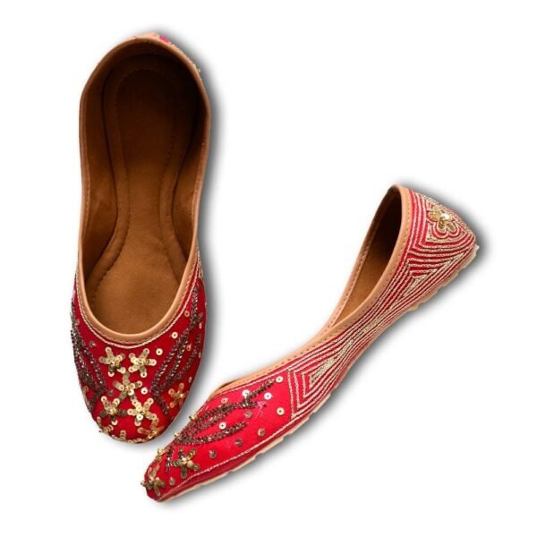 Women Red Gold-Toned Embellished Mojaris - Image 7